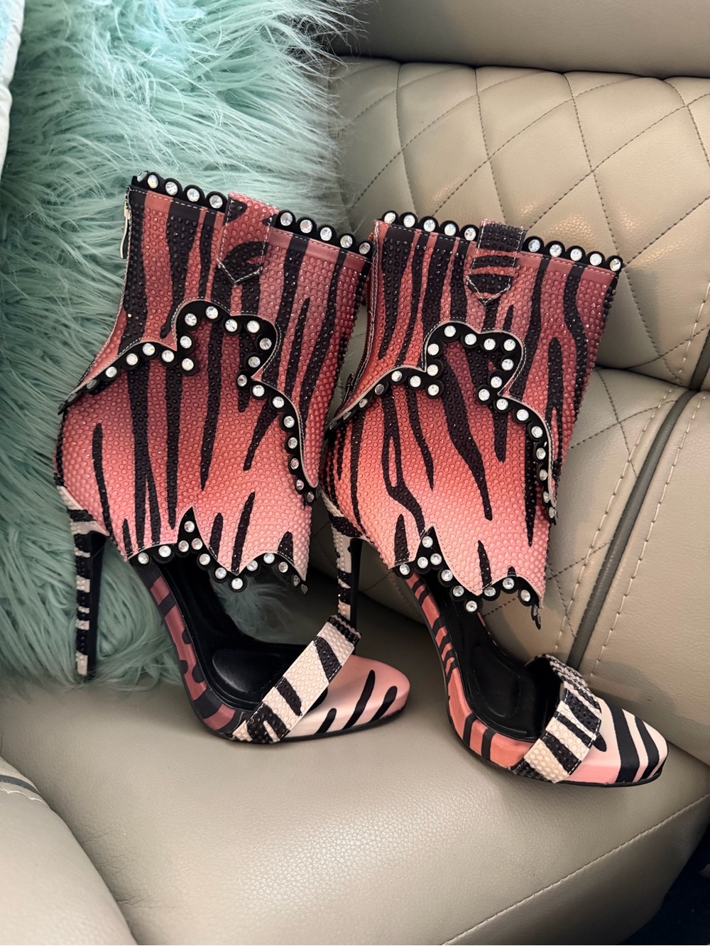 Pink Zebra-Print Studded Scallop High Heels